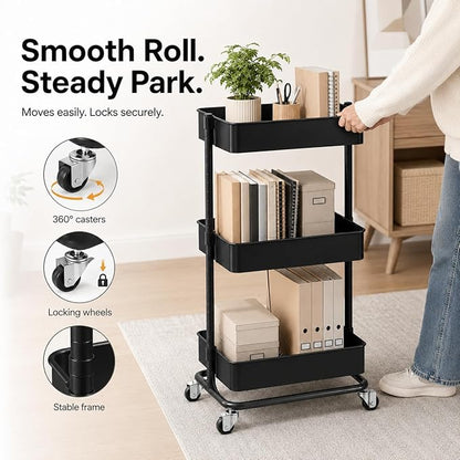 3 Tier Utility Rolling Cart, Heavy Duty Metal Rolling Cart with Wheels, Storage Organizer, Portable Mobile Shelving Unit for Office, Bathroom, Kitchen (Black)