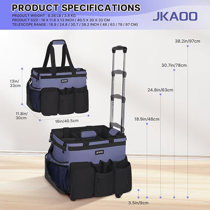 JKAOO Large Rolling Cleaning Caddy Bag with Detachable Trolley, Waterproof Cleaning Caddy on Wheels for Housekeepers, Cleaning Cart Supplies Organizer for Home,Car,Office,Picnic (Denim Blue)(InPatent)