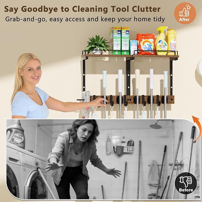 Mop Holder Wall Mount with Cleaning Supplies Organizer, Wood Mop and Broom Hanger Rack Organizer with Anti-Fall Wall Shelf with 5 Clips & Hooks for Garage Laundry Room Organization, Brown