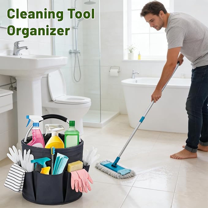 17L Foldable Cleaning Caddy with Handle - Portable Oxford Fabric Storage Bucket, Organiser for Cleaning Supplies, Toiletries, Home, Garden, Picnic & Beach (Dark Gray)