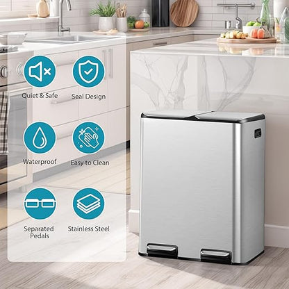SUPER DEAL Kitchen Trash Can 16 Gallon 60L Dual Stainless Steel Garbage and Recycling Can with Foot Pedal for Kitchen, Living Room, Office, Removable Inner Buckets Soft Close Lid Odor Proof, Silver