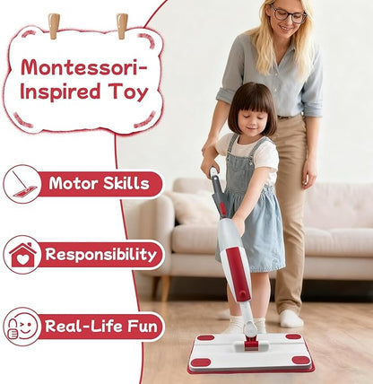 Kids Spray Mop - Fun & Educational Montessori Housekeeping Toys Mini Size Cleaning Set Includes Kids Mop with Real Water Sprayer Washable Microfiber Pads & Scraper