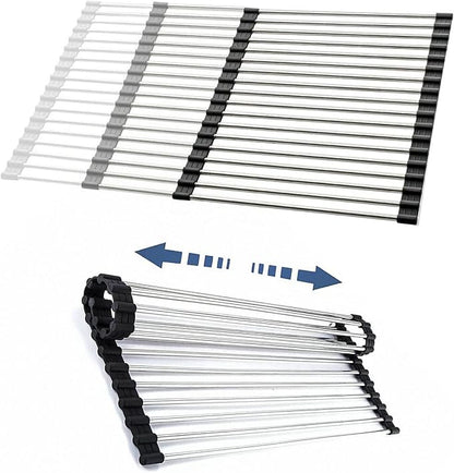 CHIRISEN Expandable Large Roll Up Dish Drying Rack, Foldable Over The Sink Dish Drying Rack, Rolling Dish Drainer Stainless Steel Roll Rack for Kitchen Sink Counter (Black, 21.25x12.79)