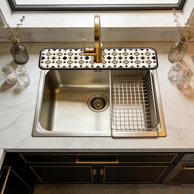 2 Pcs Minimalist Style Kitchen Sink Splash Guard Faucet Mat Black and Gold European-Style Plaid Pattern Faucet Mat for Sinks Absorbing Drying Mats for Kitchen Bathroom, 23.6x5.5inch