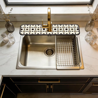 2 Pcs Minimalist Style Kitchen Sink Splash Guard Faucet Mat Black and Gold European-Style Plaid Pattern Faucet Mat for Sinks Absorbing Drying Mats for Kitchen Bathroom, 23.6x5.5inch