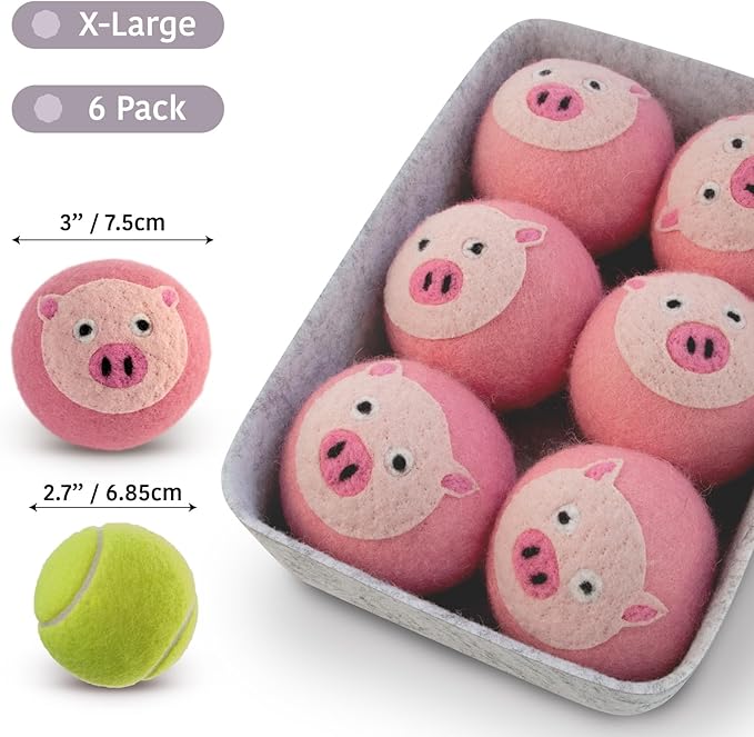 Wool Dryer Balls XL 6-Pack with Felt Storage Box, 100% Pure Wool Dryer Balls, Reusable Laundry Dryer Balls, Reduce Drying Time Wrinkles Static, Natural Fabric Softener Alternative (Pink Pig)