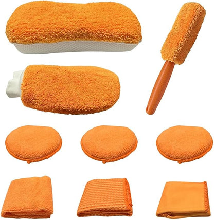 9PCS Car Cleaning Kit, No-Scratch Auto Detailing Tools Set with Wash Mitt, Large Sponge, Wheel Brush, Wax Applicator Pads and Microfiber Towels for Car Interior and Exterior Care (Orange)