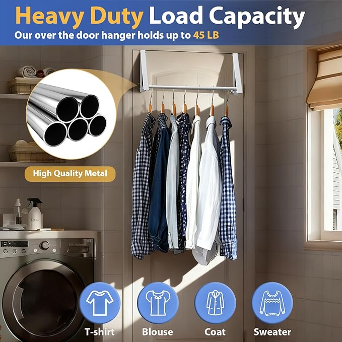 Over The Door Hanger, Foldable Over The Door Drying Rack with 20"-32" Expandable Width, Space Saving Doors Clothes Hanger for Laundry, Bathroom, Apartment, Fits Doors up to 1-1/4”, Metal, White