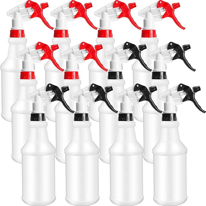 Eccliy 12 Pcs 16 Oz Plastic Spray Bottle, Adjustable Empty Reusable Sprayer for Cleaning, Planting, Water, Bathroom and Kitchen, BBQ, Commercial and Residential (Original,Red,Black)