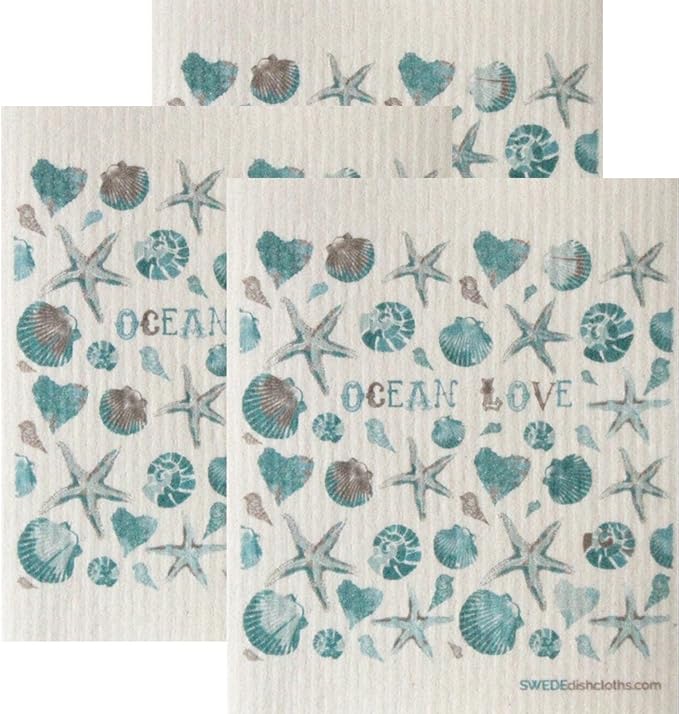 SWEDEdishcloths - Cellulose Sponge Dish Towels - Set of 3 Ocean Love Swedish Dish Cloths
