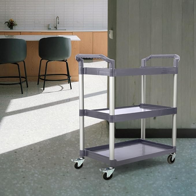 3-Tier Utility Rolling Cart with Wheels, Durable Catering carts with Wheels, Rolling Storage Cart for Hotel Canteen Resturant Office (Gray, 31.4" D x 16.5" W x 37.7" H)