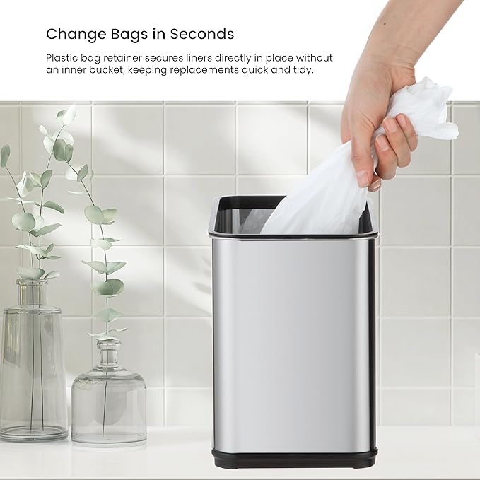 Home Zone Living 2 Gallon Small and Slim Motion Sensor Trash Can with Touch Control Lid, Stainless Steel, Silver