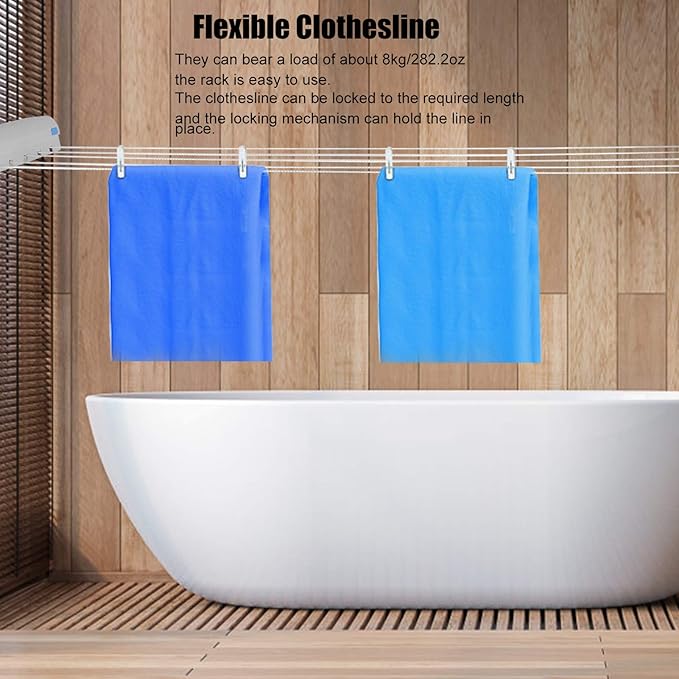 Retractable Clothesline Telescopic Clothes Drying Rope, Adjustable Length Clothes Drying Rope Hanger for Indoor Outdoor Laundry Drying, High Loading Capacity 17.6Lbs Clothes Drying Line