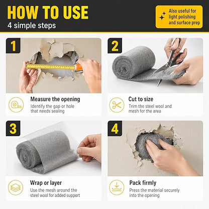 Steel Wool Bulk - 5 Pack 2.75 in x 11.5 Ft Steel Wools & 2 Pack 5 in x 15 Ft Stainless Wire Mesh, Mouse Hole Filler for House & Garden, Fine SteelWool for Polishing Chrome, Glass