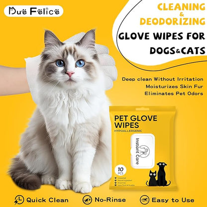 Pet Glove Wipes for Dogs Cats - Unscent Dog Washing Wipes & Waterless Cat Bathing Gloves Cleaning Deodorizing Grooming Wipe for Fur Paws Butt Face, Disposable Rinse Free Shampoo Mittens,10PCS