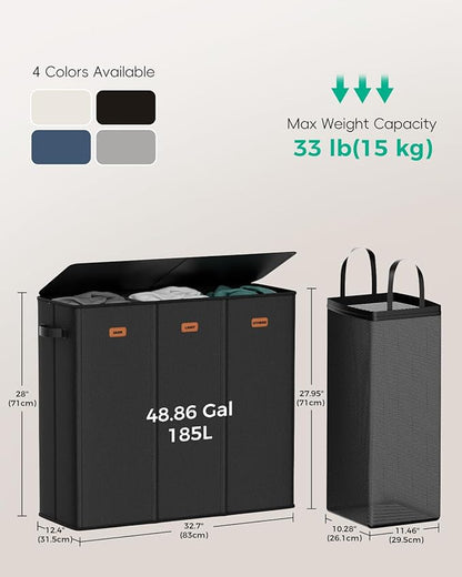 185L Laundry Hamper 3 Section, Large Laundry Hamper with Lid, Dirty Clothes Hamper with 3 Removable Washing Bags, Collapsible Laundry Basket Organizer for Laundry Room, Bedroom