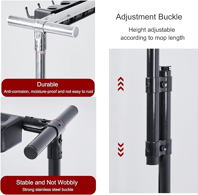 Mop Bucket and Broom Holder Cleaning Supplies Garden Tool Organizer Rack Cleaning Cart on Wheels Broom Storage Cabinet Freestanding Broom Closet for Garden Gara