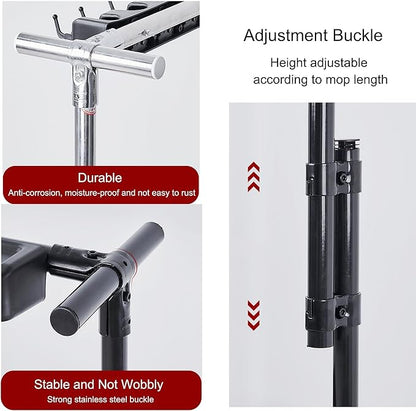 Mop Bucket and Broom Holder Cleaning Supplies Garden Tool Organizer Rack Cleaning Cart on Wheels Broom Storage Cabinet Freestanding Broom Closet for Garden Gara