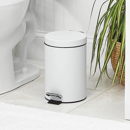 mDesign Pedal Bin — Metal Waste Bin with Pedal, Lid and Plastic Bucket Insert — for Bathroom, Kitchen, and Office — 3 Litre Household Rubbish Bin with Ergonomic Design — White