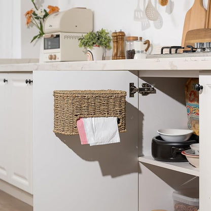 StorageWorks Trash Bag Holder with Lid, Wall Mount Seagrass Plastic Bag Holder for Kitchen, Cabinet and Countertop