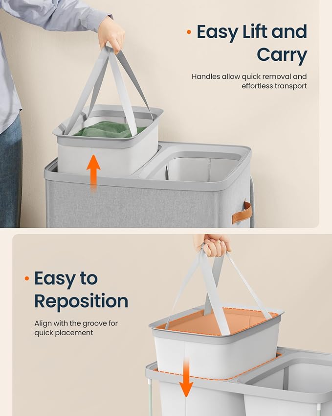 SONGMICS HOME Laundry Hamper with Lid, 2 Section Laundry Basket with Removable Liners and Handles, Foldable Clothes Sorter for Bedroom, Bathroom, Gray