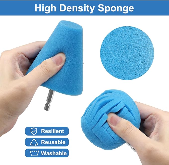 Linkstyle 8Pcs Drill Polishing Cone & Ball Sponge Set, Foam Buffing Pads with Extension Holder & Brush, 1/4" Hex Shank for Electric Drill, Car Wheel Hub Rim & Metal Polisher Tool Kit