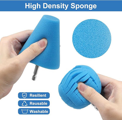 Linkstyle 8Pcs Drill Polishing Cone & Ball Sponge Set, Foam Buffing Pads with Extension Holder & Brush, 1/4" Hex Shank for Electric Drill, Car Wheel Hub Rim & Metal Polisher Tool Kit