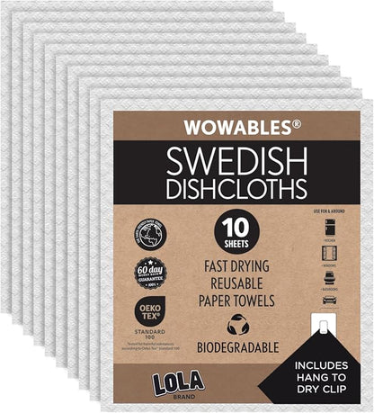LOLA Swedish Dishcloths for Kitchen 10 Sheets, Biodegradable & Compostable Reusable Paper Towel Cleaning Cloths No Odor Washing Dishes Ultra Absorbent Cellulose Sponge Towel Made in Germany