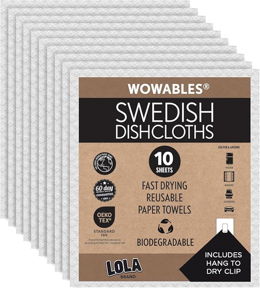 LOLA Swedish Dishcloths for Kitchen 10 Sheets, Biodegradable & Compostable Reusable Paper Towel Cleaning Cloths No Odor Washing Dishes Ultra Absorbent Cellulose Sponge Towel Made in Germany