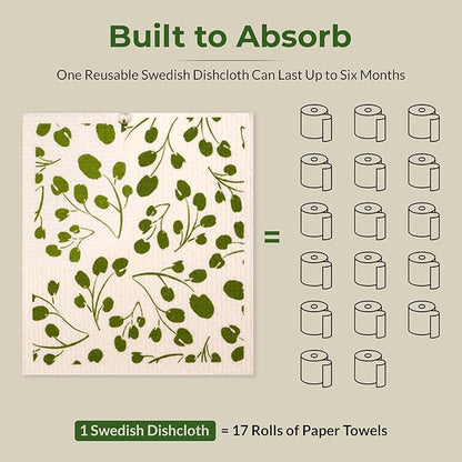 Swedish Dishcloths, Super Absorbent Multi-Surface Cleaning Cloths, Blue Floral Print, 80% Cellulose, 6.7x7.5 Inch, Set of 5 Designs