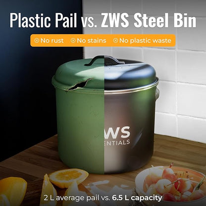Black Stainless Steel Compost Bin | 6.5L Odor-Free Kitchen Countertop Food Scrap Pail with Charcoal Filter | Compact Zero Waste Solution for Home and Apartment Kitchens