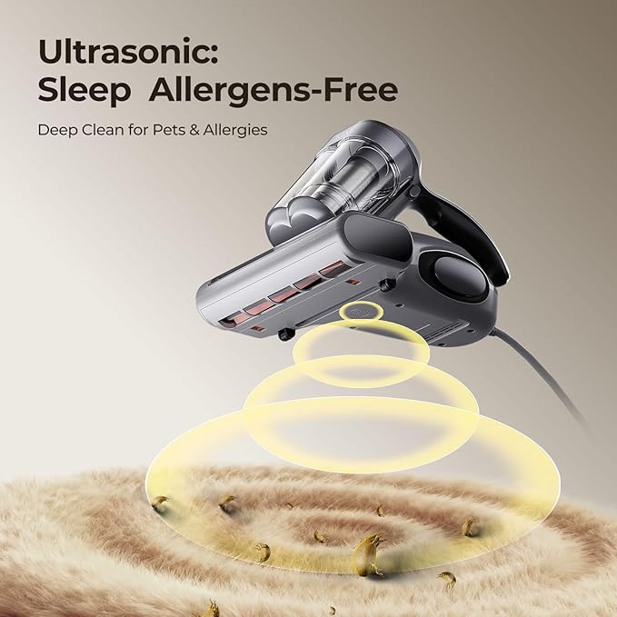 JIGOO Bed Vacuum Cleaner with Dust Sensor, Mattress Vacuum Cleaner with UV & Ultrasonic and High Heating, 13Kpa Suction 500W Powerful Double-Cup Handheld Vacuums (J300, Gray)