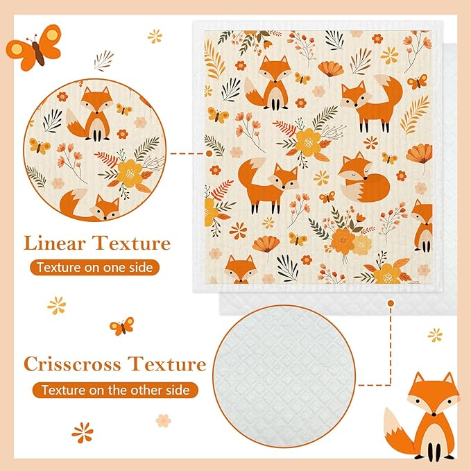 Mixed Fall Animal Swedish Kitchen Dishcloths Dish Towels 6 Pack, Fox Dish Towels for Kitchen, Swedish Dishcloth with Deer, Paper Towels Reusable, Dish Cloth Towel Cleaning Wipe for Home Party