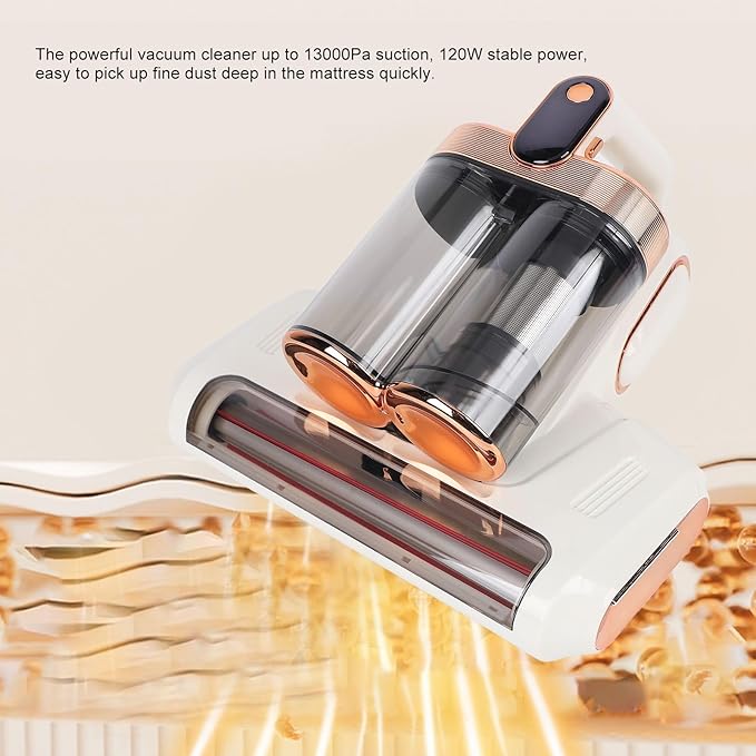HEEPDD Handheld Mattress Vacuum Cleaner, Cordless, 13000Pa Strong Suction, White Gold, 520ml Dustbin with UV Light for Bed Sofa Carpet Pet Hair