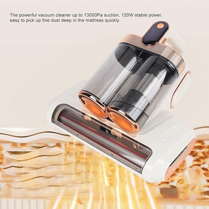 HEEPDD Handheld Mattress Vacuum Cleaner, Cordless, 13000Pa Strong Suction, White Gold, 520ml Dustbin with UV Light for Bed Sofa Carpet Pet Hair