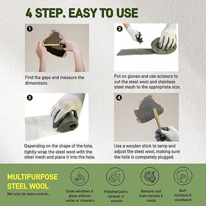 Steel Wool Mice Control, 3 Pack 3’’x11.5Ft Steel Wool & 1 Pack 5’’x15Ft Stainless Steel Wire Mesh with Gloves, Scissors & Wood Stick, Mouse Hole Filler DIY Kit for House & Garage, Wall Gaps