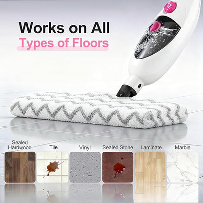12-in-1 Steam Mop Cleaner, 15-Sec Fast Heat-Up, 1200W Floor Steamer with Double-Sided Pads, Removes 99.99% Stubborn Stains for Hardwood Floors, Marble, Clothes, Windows, Tiles, White
