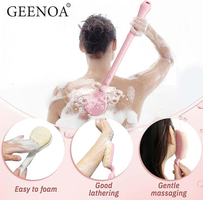 Back Scrubber for Shower & Silicone Bath Glove Set, 19’’ Detachable Long Handle Body Scrubber Wet or Dry Brush, Adjustable 2-in-1 Back & Body Brush with Soft Bristles for Deep Cleaning(Pink)