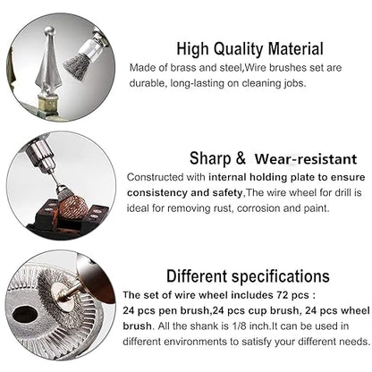 Rocaris 72 Pack Wire Wheel Brushes Set, Brass and Steel Wire Brush Set 1/8" Shank for Rotary Tools Accessories Polish Clean Tools