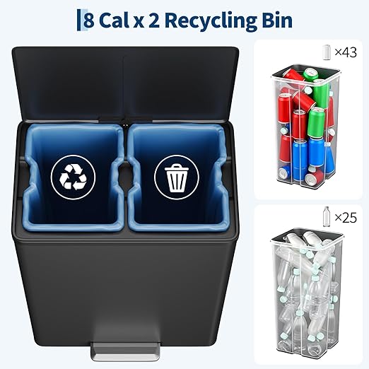 Large Stainless Steel Dual Compartment Recycling Trash Can 60 l/16 Gal Recycle Bins with Lid Waste Bin with Removable Buckets, Bathroom,Kitchen Garbage Can,Black