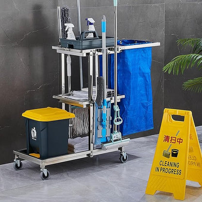 Janitorial Cart on Wheels - Broom and Mop Holder, Cleaning Supplies Organizer for Housekeeping, Storage Tools for Garage, Garden, Closet, and Cabinet