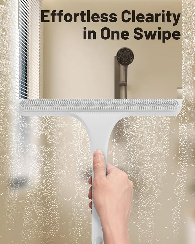 2-in-1 Silicone Shower Squeegee with Hook,Dual-Sided Design with Scraper & Scrub Surface,Streak-Free Bathroom Squeegee for Glass Doors,Mirrors,Windows,Car Windshields (White)