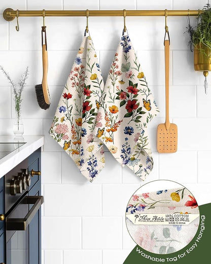 Miss Adola Flour Sack Kitchen Towels - Set of 2 Spring Dish Towels with Hanging Loop 18x26 Inch Absorbent Reusable Cotton Cloths for Cleaning Cute Design Home Decorative Housewarming, Vintage Flower