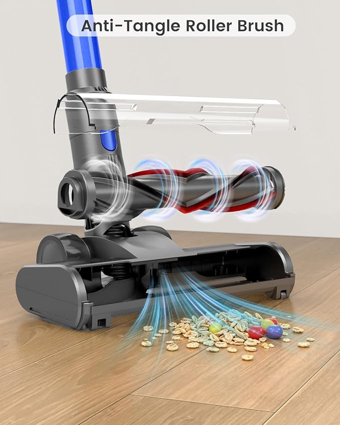 Cordless Stick Vacuum Cleaner, 650W 55KPA Up to 70Min Runtime, Green Light Anti-Tangle Brush, 7-Stage HEPA Filtration, Lightweight for Pet Hair Carpet Hard Floors (Blue)