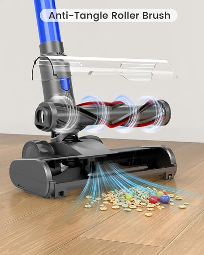 Cordless Stick Vacuum Cleaner, 650W 55KPA Up to 70Min Runtime, Green Light Anti-Tangle Brush, 7-Stage HEPA Filtration, Lightweight for Pet Hair Carpet Hard Floors (Blue)