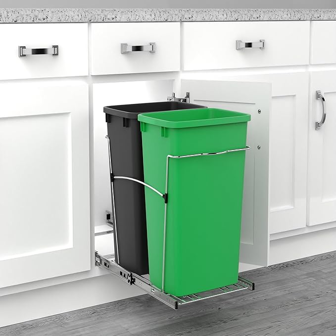 Rev-A-Shelf Double 35 Qt Pullout Trash Can for Base Kitchen Cabinets, Garbage Waste & Recycling Bin System with Full Extension Slides, Min Opening Width of 14.5", Green/Black, RV-18KD-1918C-S