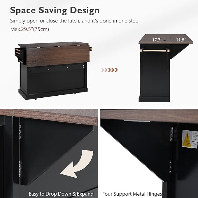 54.9" Large Kitchen Island with Drop Leaf, Power Outlet, Kitchen Storage Islands with Cross Barn Doors & Visual Glass Door, Rolling Kitchen Cart on 4 Wheels, Black