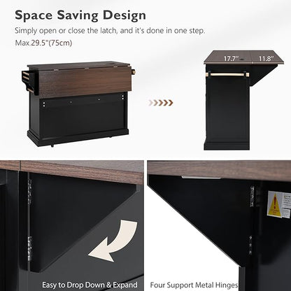 54.9" Large Kitchen Island with Drop Leaf, Power Outlet, Kitchen Storage Islands with Cross Barn Doors & Visual Glass Door, Rolling Kitchen Cart on 4 Wheels, Black
