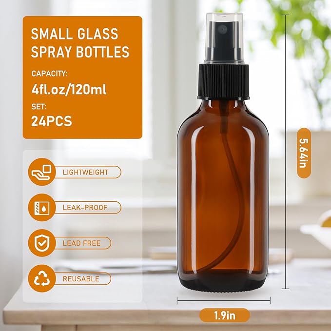 4 oz Amber Glass Spray Bottles 24 Pack, Leakproof Small Refillable Containers for Perfumes, Cleaning Products, Pet, Essential Oils - Empty Travel Size Bottles for Hair, Plants, Premium Sprayers