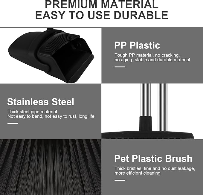 Broom and Dustpan Set with Long Handle, 51" Upright Broom & 39" Dustpan Combo, Pet Hair Rubber Lip Dustpan with Built-in Comb, Standing Dust Pan Set for Home Kitchen Office Indoor Use